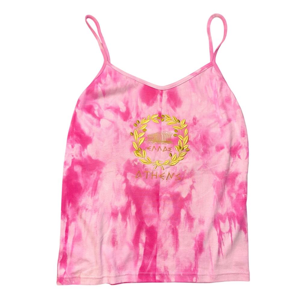 Malu Athens Greece Tie Dye Cami Tank Top XL Embroidered Gold Laurel Wreath Silk